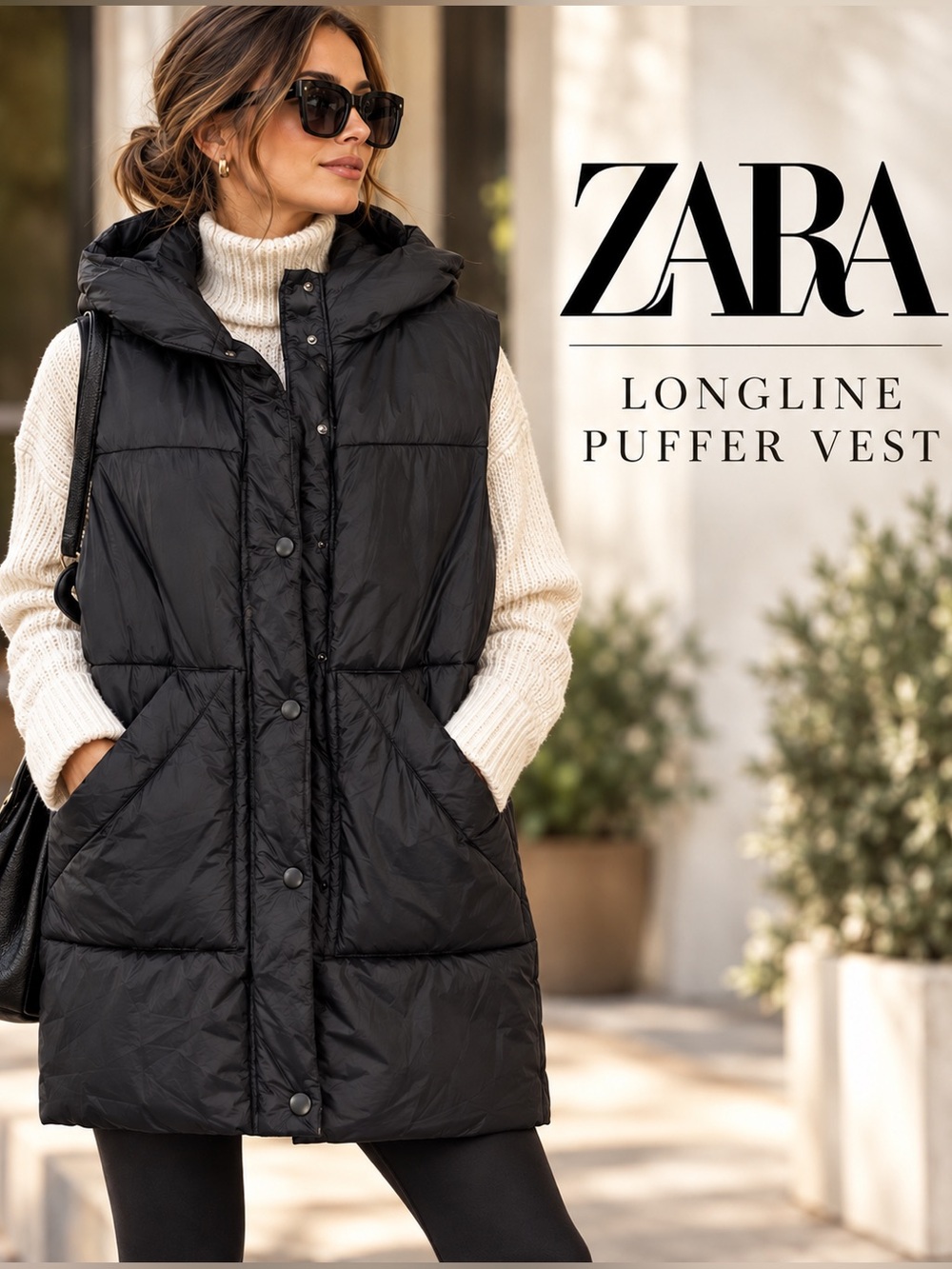 Zara Black Longline Hooded Puffer Vest 13-14 Soft Down-Like Quilted Gilet